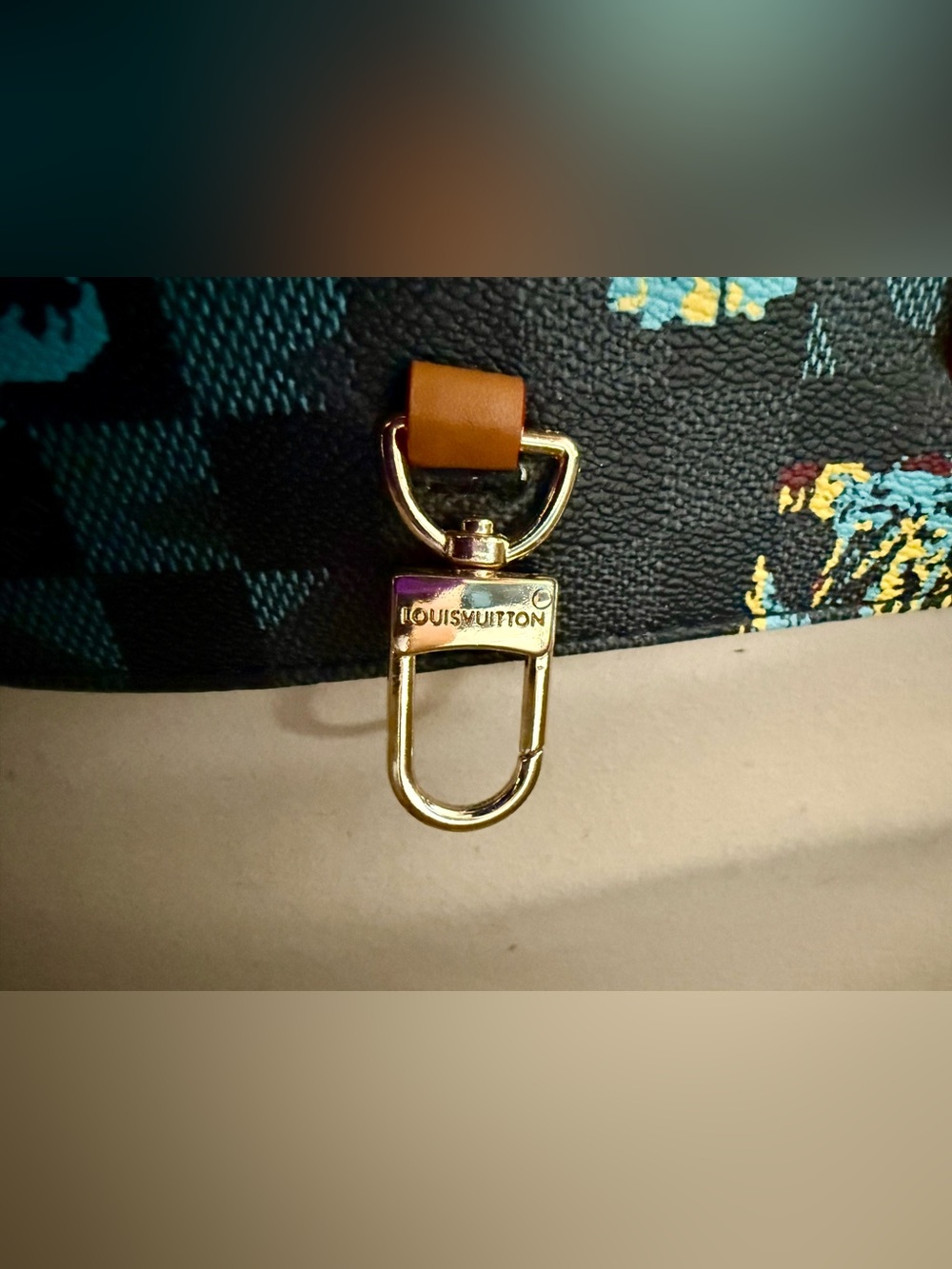 LV Black, Blue & Yellow Printed Canvas GM Shopper Tote with Tan Handles - Picture 9 of 10